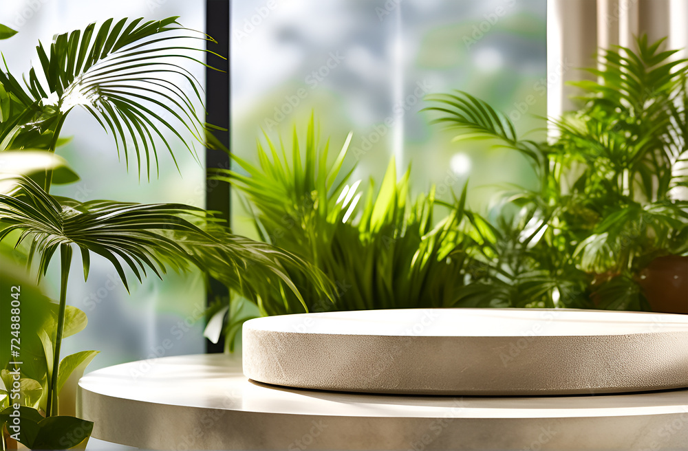 Travertine vacant circular podium with plants and a fuzzy inside sustainable bathroom background Travertine vacant circular podium with plants and a fuzzy inside sustainable bathroom background