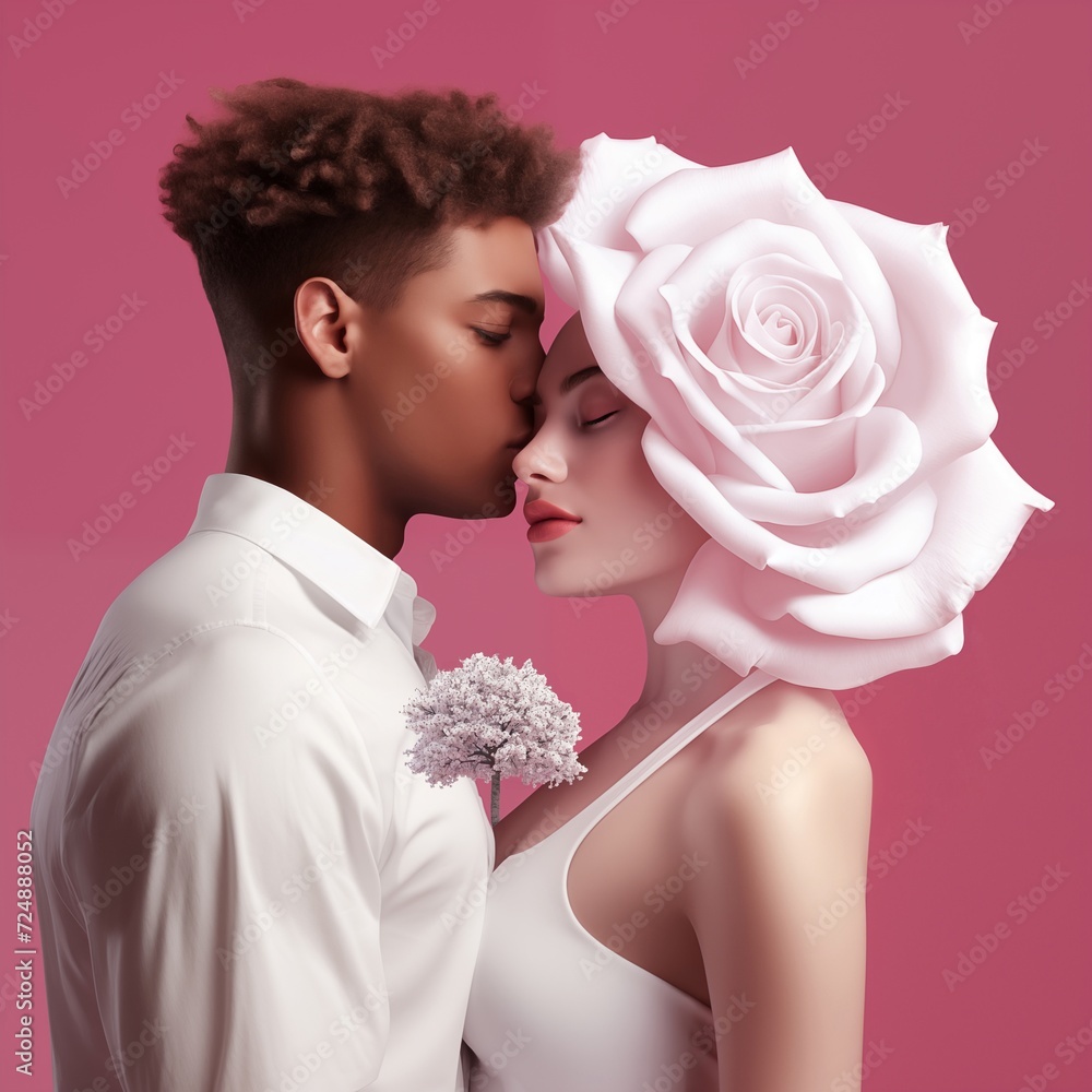 The concept of love, spring, youth, Valentine's Day. Young loving couple in an embrace. She has a big pastel pink rose instead of hair. A blossoming cherry tree is at the point of their touch. The concept of love, spring, youth, Valentine's Day. Young loving couple in an embrace. She has a big pastel pink rose instead of hair. A blossoming cherry tree is at the point of their touch.