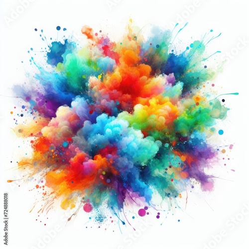 A vibrant and colorful splash of watercolors with various colors including green, blue, yellow, orange, red, and purple blended together creating a beautiful mix on a white background.