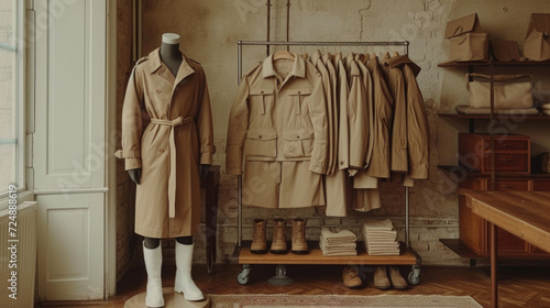 a fashion setup with two outfits. On the left, a mannequin is dressed in a long brown trench coat with a tie belt around the waist, photo
