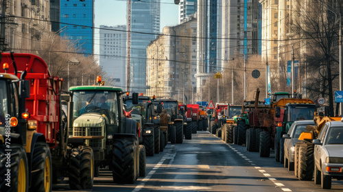 Many tractors blocked city streets and caused traffic jams in city. Agricultural workers protesting against tax increases, changes in law, abolition of benefits on protest rally in street photo