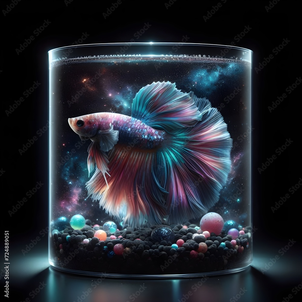 An enchanting mini tank reveals the cosmic allure of a Betta fish
