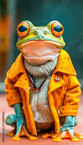 Trendy frog dressed in a mustard autumn jacket