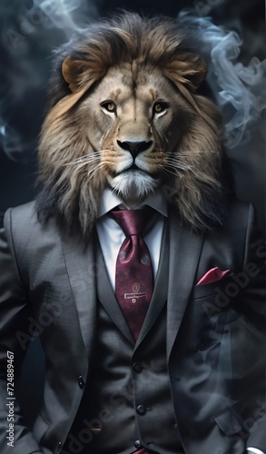Lion dressed in an elegant and modern suit with a nice tie. Fashion portrait of an anthropomorphic animal, shooted in a charismatic human attitude photo