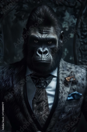 Gorilla dressed in an elegant and modern suit with a nice tie. Fashion portrait of an anthropomorphic animal, monkey, shooted in a charismatic human attitude