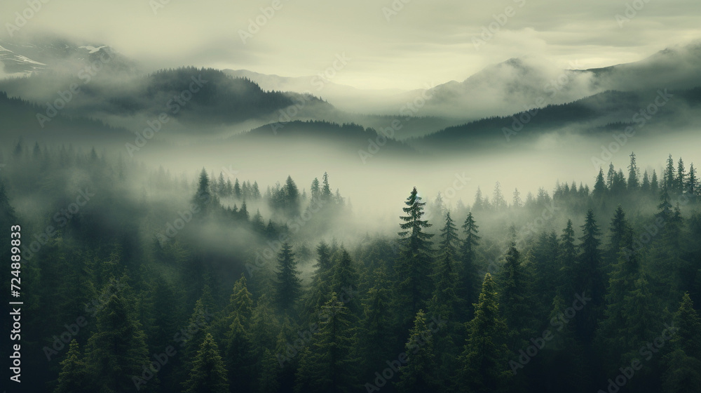 Bird's eye view of a pine forest, fog Naturalism, Anamorphic
Generation AI