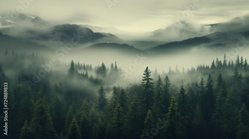Bird's eye view of a pine forest, fog Naturalism, Anamorphic Generation AI © Asya_AI