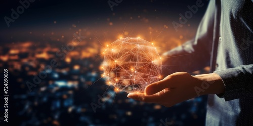 Hand of businessman touching circle global network connection and data exchanges on sunset background, Business networking with customer, Science, Innovation, Communication and technology concept © Creative Canvas
