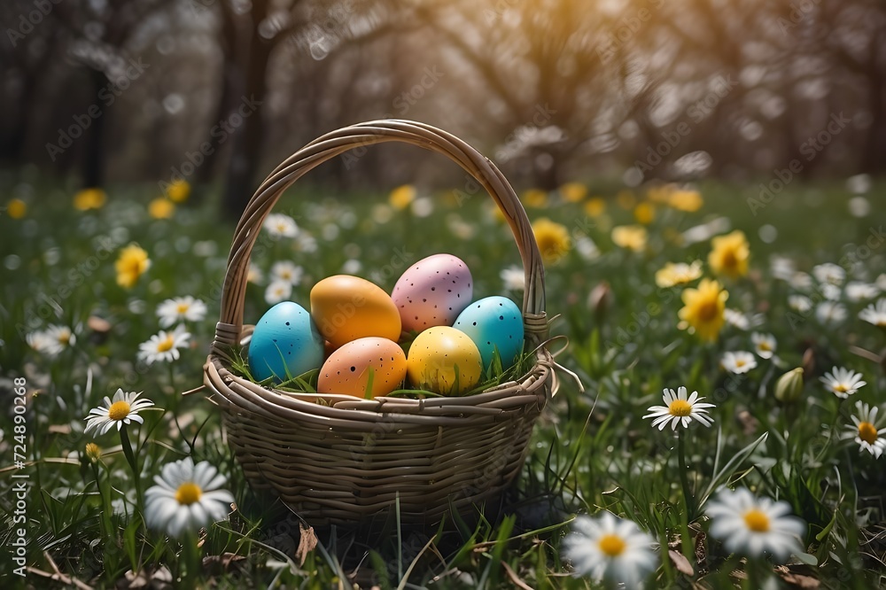 canasta de huevos de pascua en un prado de flores de colores, colorido canasta de huevos de pascua en un prado de flores de colores, colorido