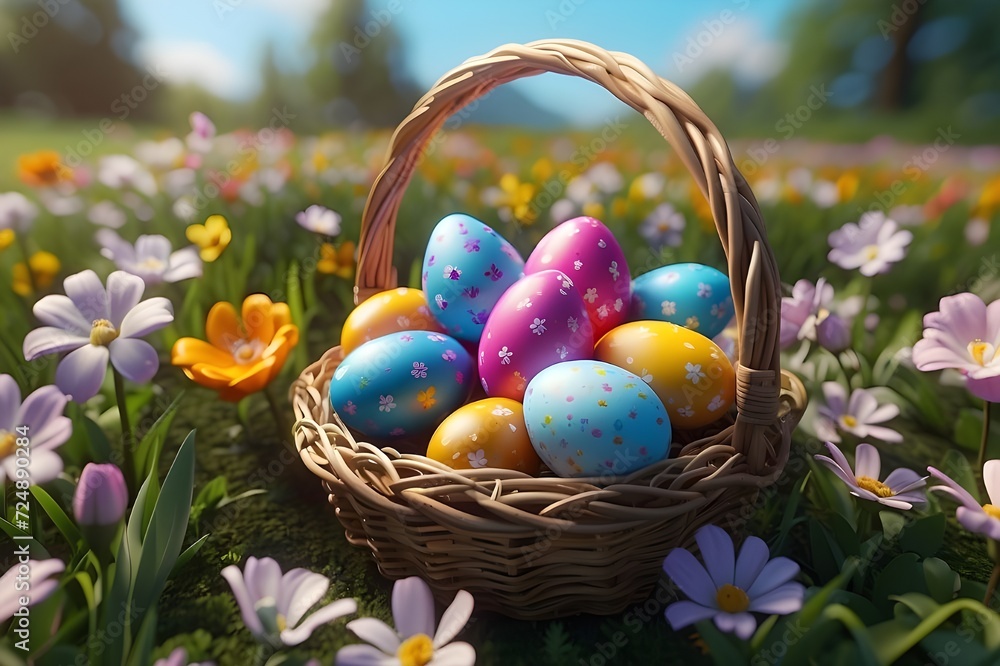 canasta de huevos de pascua en un prado de flores de colores, colorido canasta de huevos de pascua en un prado de flores de colores, colorido