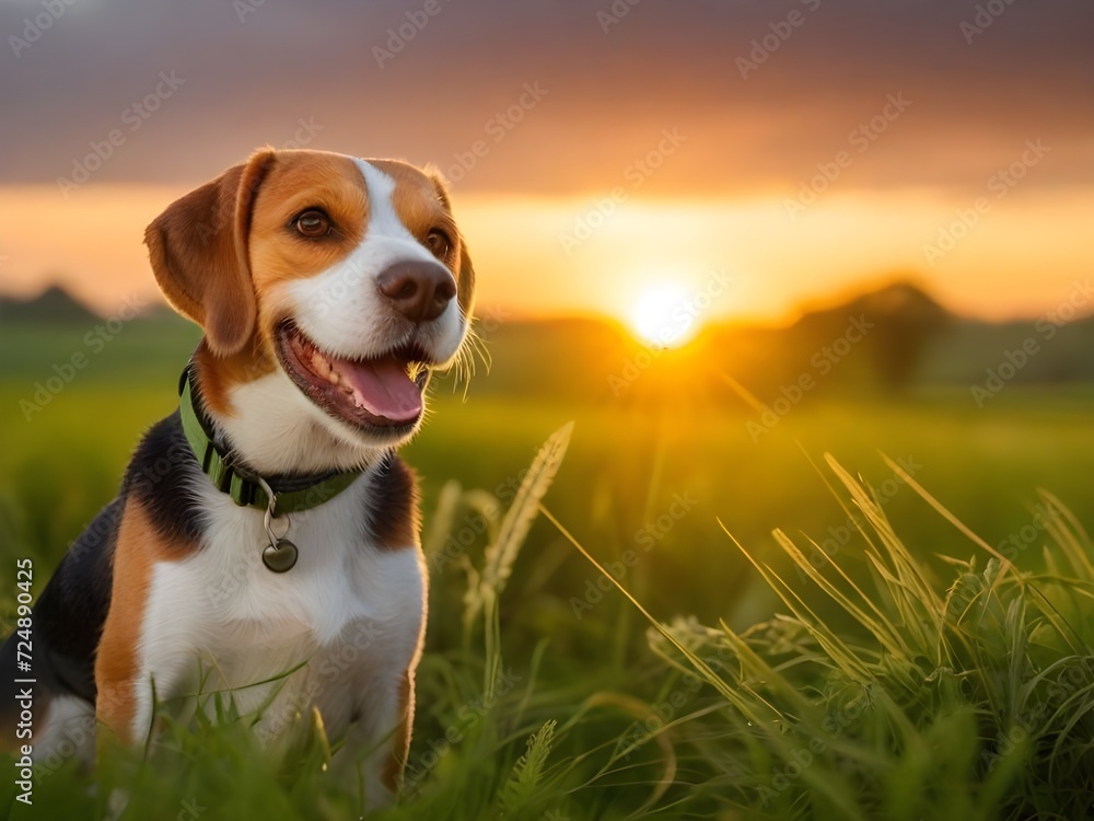 Hermoso perro de raza sonriendo, feliz al atardecer en un verde prado Hermoso perro de raza sonriendo, feliz al atardecer en un verde prado