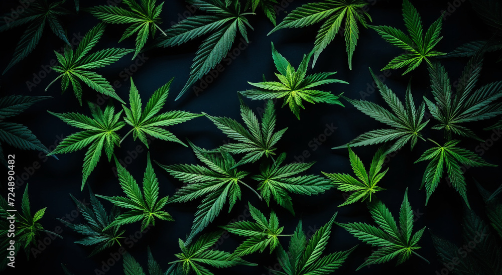 Close up marijuana cannabis leaf black background Generative AI - obrazy, fototapety, plakaty 