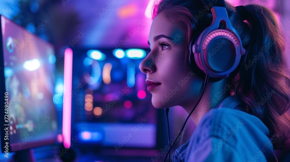beautiful girl playing video games in front of her pc with headphones and neon lights beautiful girl playing video games in front of her pc with headphones and neon lights