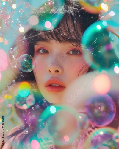 Close-up of a girl's face partially obscured by colorful, iridescent soap bubbles