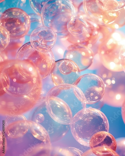 Dreamy array of soap bubbles floating freely with a delicate shimmer against a pinkish background