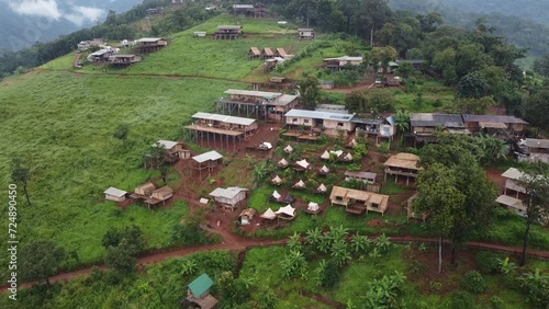 Aerial view of homestay village set in the mountains Thailand