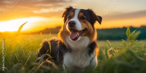 Hermoso perro de raza sonriendo, feliz al atardecer en un verde prado photo