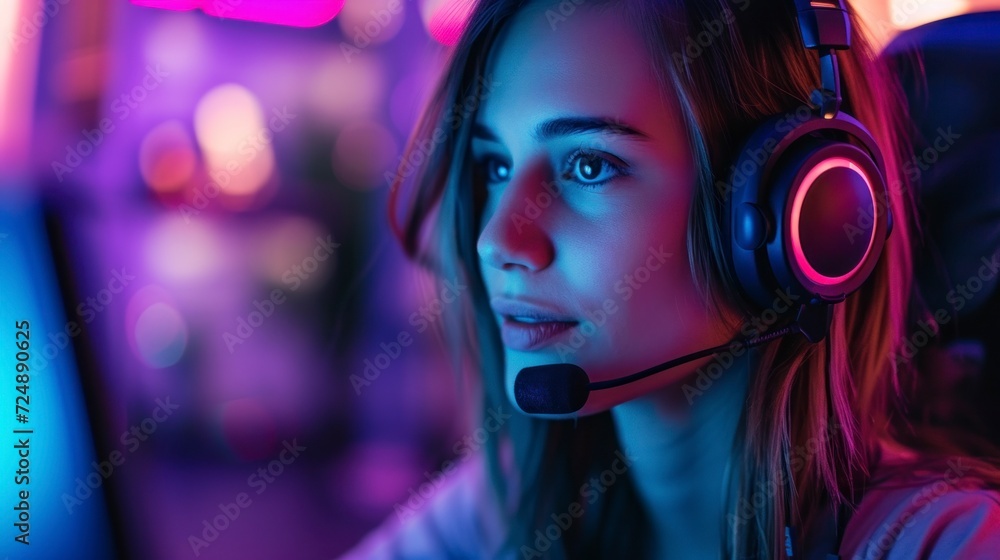 beautiful girl playing video games in front of her pc with headphones and neon lights in a gamer room