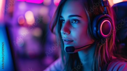 Obraz na płótnie beautiful girl playing video games in front of her pc with headphones and neon lights in a gamer room w salonie
