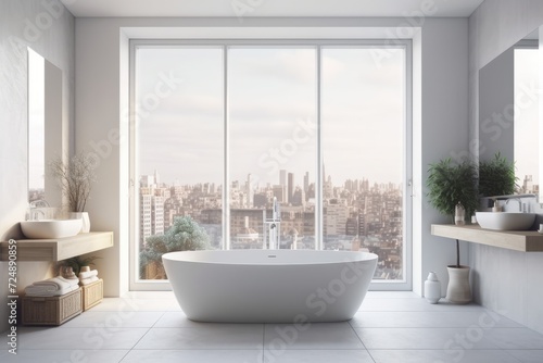 Bright bathroom interior with bathtub, empty white poster, and window with a view of the city. concept of spa treatments and hygiene for health © Vusal