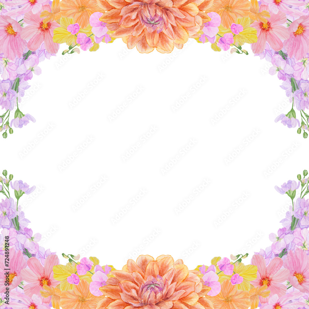 custom made wallpaper toronto digitalWatercolor botanical colorful frame of summer and autumn flowers: orange dahlia, lathyrus, gillyflower, yellow nasturtium, pink cosmos. Good for wedding print products, paper, invitations, greetings