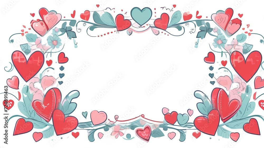 Blank white frame with colorful hearts on white background, wedding, valentine's day greeting card 