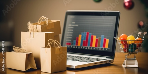 Shopping bags incart and credit card on laptop with paper boxes on table and sales data economic growth graph on screen, buying and selling services online on network, e-commerce photo