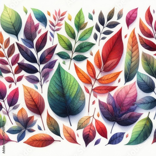 A watercolor painting featuring a collection of leaves in various colors including shades of green  orange  red  and purple
