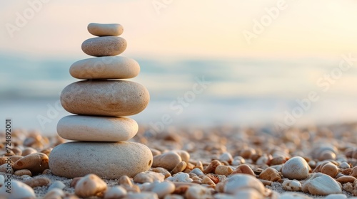 Pebbles balancing on a beach, sea background. Sea pebble. Colorful pebbles. For banner, wallpaper, meditation, yoga, spa, the concept of harmony, balance. Copy space for text