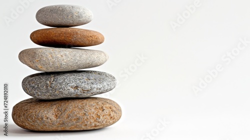 Pebbles balancing on white background. Sea pebble. Colorful pebbles. For banner  wallpaper  meditation  yoga  spa  the concept of harmony  balance. Copy space for text