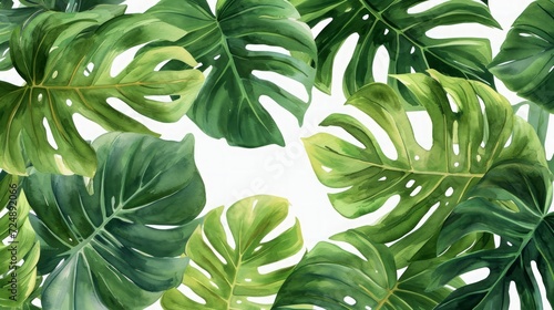 Watercolor Monstera Leaf. Cute watercolor Philodendron tropical leaves. Banner  wallpaper  green background  exotic tropical wall  abstract floral pattern  illustration.