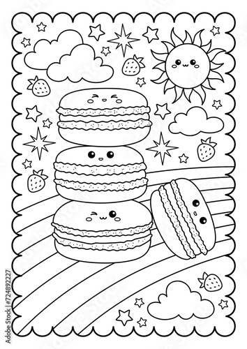 Kawaii macaroons, rainbow, sun. Kawaii characters. Sweets, dessert. Cute coloring page for kids and adults, black and white vector illustration.