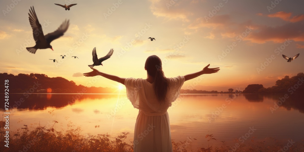 Obraz na plátně Woman praying and free bird enjoying nature on sunset background