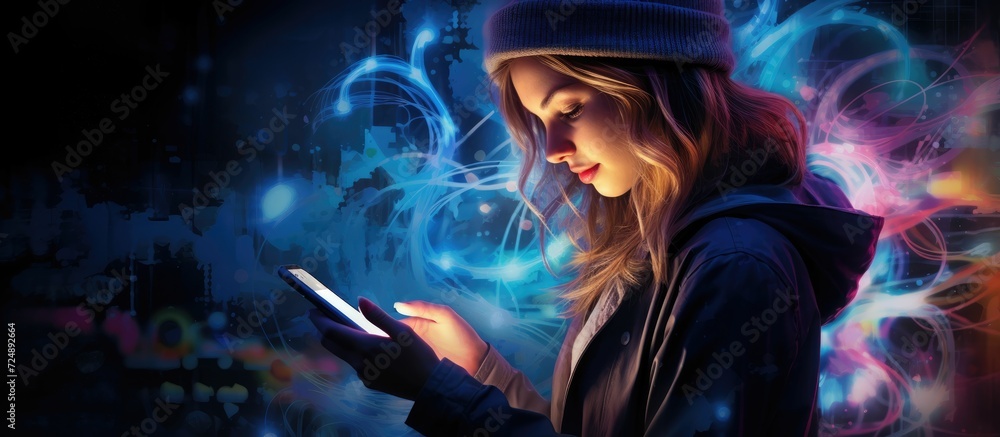 Woman using mobile smart phone in the night light colorful Woman using mobile smart phone in the night light colorful