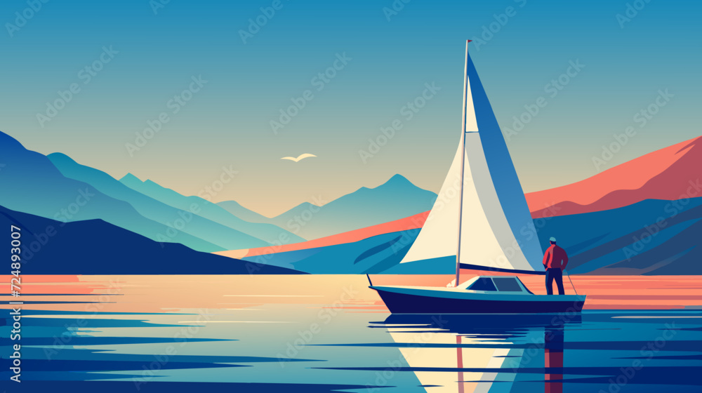 Serene sailing adventure in a picturesque mountain lake scene - obrazy, fototapety, plakaty 