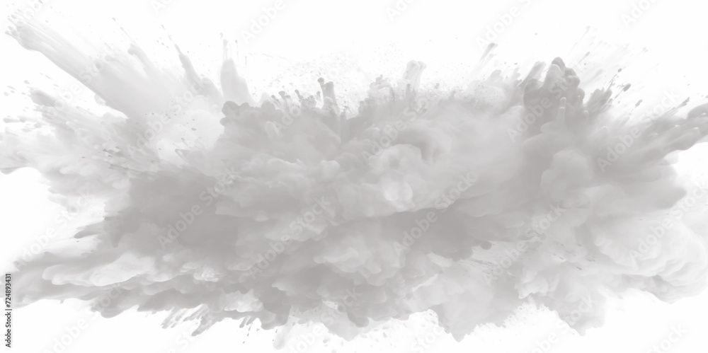 Black powder explosion with dark colors isolated white background. Abstract powder splatted on white background, freeze motion of black powder exploding or throwing black powder.	