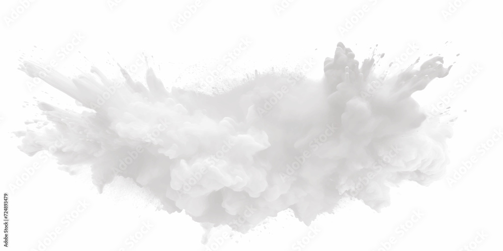 Black powder explosion with dark colors isolated white background. Abstract powder splatted on white background, freeze motion of black powder exploding or throwing black powder.	