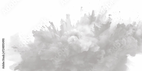 Black powder explosion with dark colors isolated white background. Abstract powder splatted on white background, freeze motion of black powder exploding or throwing black powder.	