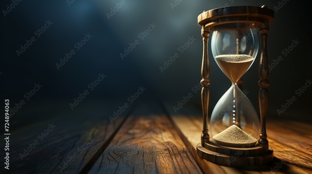A vintage hourglass with flowing sand sits on a rustic wooden surface, symbolizing the passing of time in a dimly lit ambiance - obrazy, fototapety, plakaty 