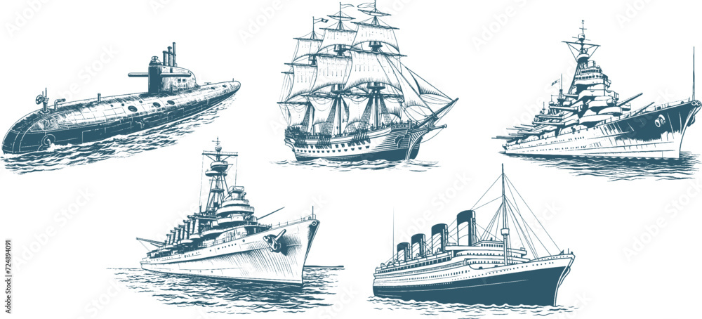 Collection of vintage sailing ships in the sea, hand drawn vector.