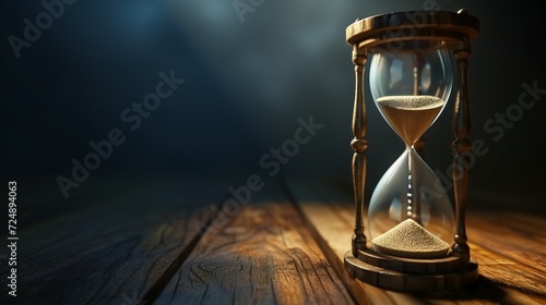 A vintage hourglass with flowing sand sits on a rustic wooden surface, symbolizing the passing of time in a dimly lit ambiance photo
