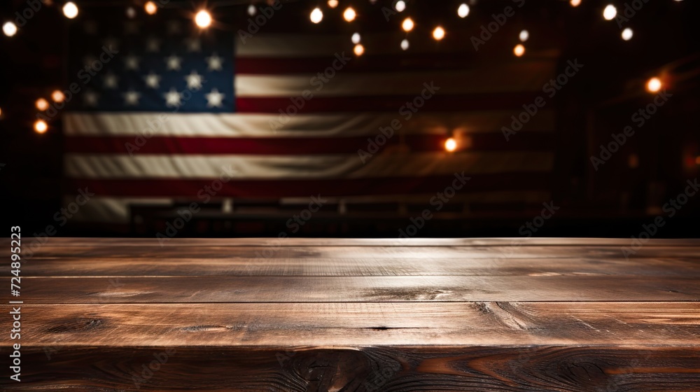 dark wood table on blurred american flag background. in the bar