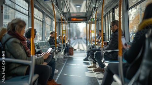 Urban commuting with diverse individuals engrossed in their personal mobile devices while traveling on a city tram. 