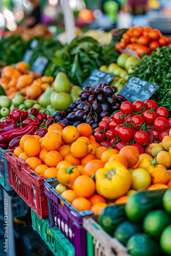 Display of various vegetables including tomatoes peppers and oranges.