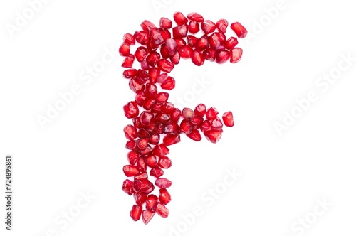 F English Alphabet Capital Letter Written with Pomegranate Seeds Isolated on White Background