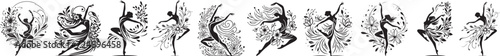 Ballet dancers decorated with flowers, black and white vector ornament