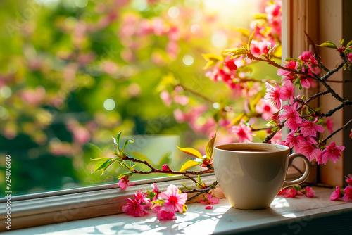 Window sill with cup of coffee and flower branches in front of it.