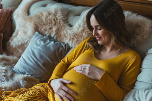 AI Generated Image Beautiful happy pregnant woman holding her baby bell while relaxing at home photo