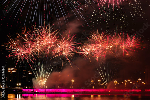 Beautiful fireworks exploded over the Dong river in DongGuang, china. Chinese New Year and Lantern Festival Festival celebration.