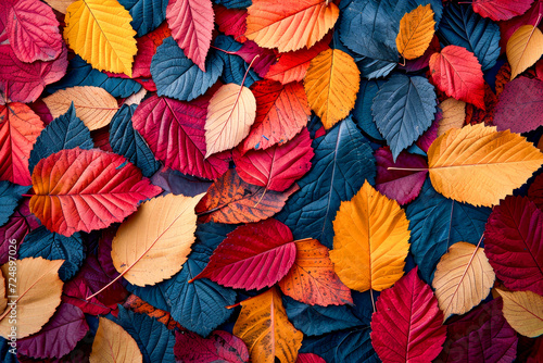 Close up of many colorful leaves including red and yellow ones scattered on blue background.